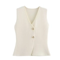 Women's cream knit V-neck vest with elegant gold buttons and a tailored waistline - S / Tops / Beige