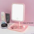 Pink LED makeup mirror with round corners, touch sensor switch, and storage base tray - Square Mirror/Square Base / Pink