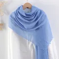 Sky blue cotton linen wrinkled scarf with fringed edges on a wooden hanger - Sky Blue