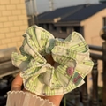 Green and white striped scrunchie with pink heart button and sweet bow design - Green Stripe Double-Layer Scrunchie with Pink Heart Button