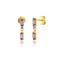 Macro shot of S925 silver studs with double purple square-cut zircons and gold plating - Purple Zirconia / Gold
