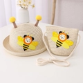 Kids straw hat and bee bag set with cute cartoon pattern for summer sun protection - Hat + Bag Set / Beige
