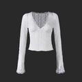 Close-up of intricate lace texture and flared sleeve detail on this white V-neck top - S / White
