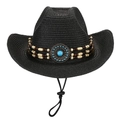 Schwarzer Stroh-Cowboyhut mit Türkis-Verzierung und Perlenband für optimalen Sonnenschutz - Einheitsgröße / Schwarz