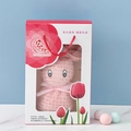 Pink coral fleece towel folded as a cute bunny in a floral tulip gift box - Light Pink + Tulip Gift Box