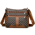 Retro brown crossbody bag with vintage monogram pattern and multi-layer zipper pockets - Coffee Print