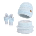Light blue winter knit set including beanie, scarf, and gloves with leather patch detail - Three-Piece Set / Green