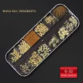 Golden 12-grid nail art charms set with stars and moons in a clear storage box - G-32 Style (Golden Star Moon Round Beads)