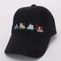 Close-up of colorful cartoon truck embroidery on black corduroy baseball cap texture - Kids Size / Construction Vehicles Embroidery / Black