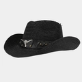 Classic black straw cowboy hat featuring a vintage bull head buckle and silver studs - One Size / Black