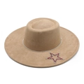 Wide brim khaki suede fedora hat with silver rhinestone chain and star detail - M(56-59CM) / Camel