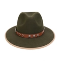 Dark green wool fedora with brown studded leather band and wide brim design - M (56-58cm) / Army Green (87 Series V-shape Rivet Decor)