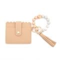 Portachiavi con perline in silicone beige, portacarte in pelle e nappa decorativa PU - Cachi