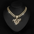 Detail of gold-plated iced out NEVER GIVE UP pendant necklace on a black bust display - 18inch(45cm) / Gold