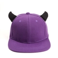 Purple flat brim baseball hat with black devil horns decorative 3D accents - Purple