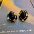Vintage oval black enamel stud earrings with gold-plated frame and four beaded accents - 113 Silver Pin-Black Enamel Oval