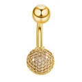 Golden stainless steel belly button ring featuring shiny clear zircon crystals - Gold Pave Round JE0400D