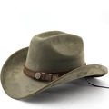 Classic olive green wide brim western cowboy hat in faux suede with leather band - M (56-58cm) / Army Green