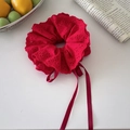 Vibrant red lace scrunchie with long ribbon streamers and delicate hollow embroidery - Lace Streamer Style / Red