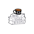 Broche de esmalte con libros coloridos y taza de café negra con texto Read Good Books - Libros Read Good Books