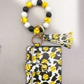 Softball themed silicone bead keychain bracelet with cow print faux leather card wallet - Softball Cow Print (06)