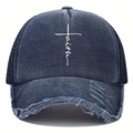Berretto da baseball blu navy consumato con motivo a croce Faith per sport all'aperto - Blu navy