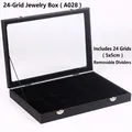 Detailed 24-compartment black jewelry box with glass lid and removable dividers - Black Leather Black Velvet 24 Slots Jewelry Box (A028)