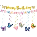 Golden Happy Birthday banner with pink flowers and colorful butterfly hanging swirls - Butterfly Banner, Garland And Spiral Hanging Decor