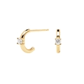 Close-up of gold C-shaped earrings with round-cut white zircon and 925 silver studs - C-shape Stone Style