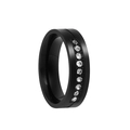 Close-up of a matte black titanium ring with a centered groove and inlaid clear zircons - Black with Diamonds