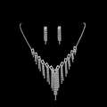 Detailed close-up of sparkling bridal necklace and earring set with silver fringe tassels - G0026 2-Piece Set