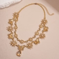 Detail of double-layer gold necklace with butterfly, flower, pearl, and teardrop crystal - Double Layer Butterfly Flower Pearl Necklace (Necklace - Gold)