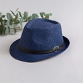 Dark blue woven paper straw jazz fedora hat with black leather belt and silver buckle - Kids Style (52-54cm) / Blue