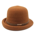 Close-up of knit texture with dark leather strap and golden buckle on brown cloche hat - M (56-58cm) / Caramel color
