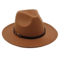 Detail of brown wide-brim fedora hat featuring a black leather band and gold buckle accent - One Size / Khaki (Single Band)