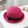 Kids rose red straw sun hat with black ribbon bow and round brim for summer beach - S (52-54cm) / Rose Red