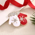 Christmas mittens brooch with red and white enamel, gold snowflakes, and sparkling rhinestones - BR0045-Red White Gloves