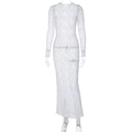 Close-up of intricate white lace embroidery and sheer fabric texture on long sleeve dress - S / White