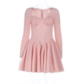 Detailed pink long sleeve mini dress featuring diamond neckline and lace waist trim - S / Pink