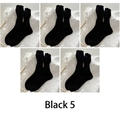 Set of 5 pairs of black cotton calf-length socks with sweet ruffled lace trim design - Black