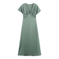 Elegant sage green V-neck satin midi dress with short sleeves and a silky glossy finish - XS / Green