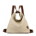 Zaino da donna in tela beige con spalline marroni e toppa in pelle dallo stile vintage - Cachi