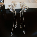 Elegant silver bow long tassel earrings featuring sparkling zircon crystals and drop pendants - Silver Tassel Butterfly Ear Wrap / Ear Wrap - Silver