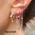Set of 6 silver earrings featuring colorful cubic zirconia and pink enamel details - Rainbow Earring 6Pcs Set - Silver Right Ear (JQH19-2-20-11-43-5PA-58-1-W42-8银色右耳6PCS一套) / 24K