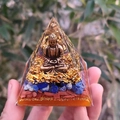 Orgone crystal pyramid with Buddha, lapis lazuli and red jasper resin ornament - Style 18
