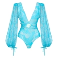Detail of blue V-neck swimsuit featuring mesh puff sleeves and shell waist ornament - S / Blue One-piece Swimsuit