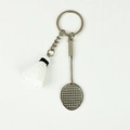 Silver metal badminton racket keychain with white shuttlecock charm and black handle wrap - Large White Badminton Keychain Style