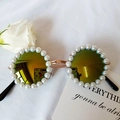 Lunettes de soleil rondes fleurs avec perles blanches et verres miroirs dorés - Or Miroir