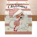 Christmas table runner with pink stripes, golden snowflakes and Santa Claus illustration - 33cmx180cm / Pink White Stripe Retro