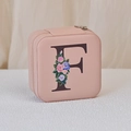 Pink PU leather jewelry case with floral letter F print and zipper closure - Print F